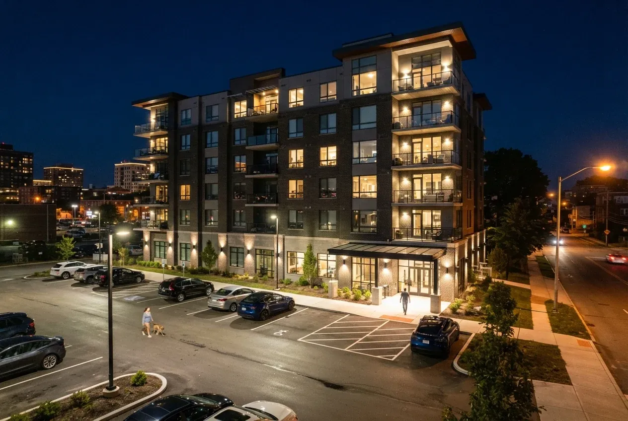 Apartment building and parking lot lit up at night