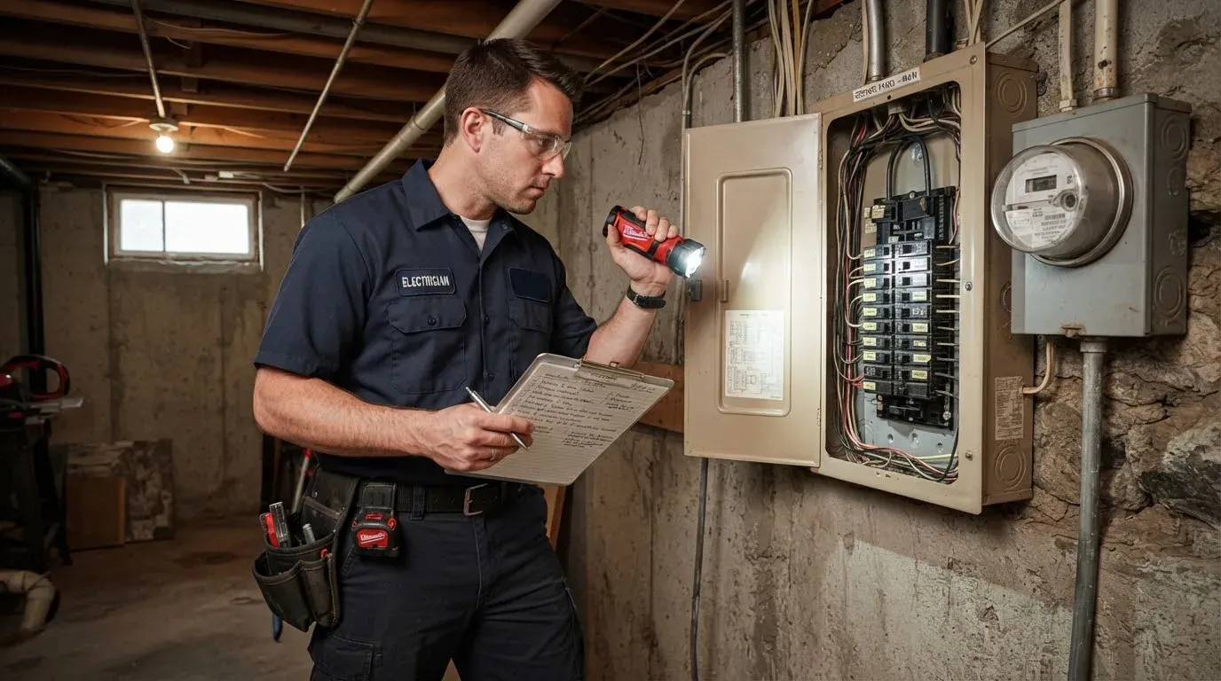 Electrician with a clipboard and flashlight inspecting a basement panel and meter