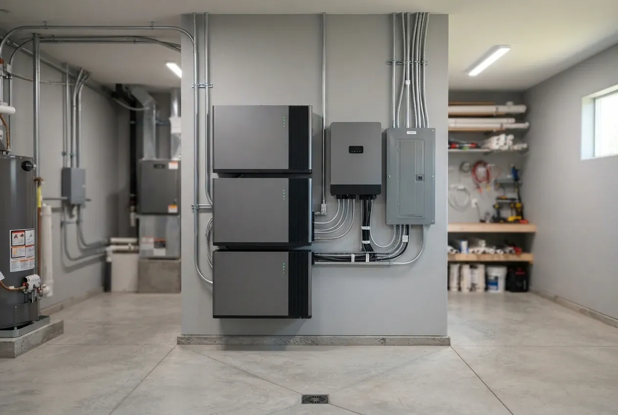 Wall-mounted home battery backup system beside an electrical panel in a utility room
