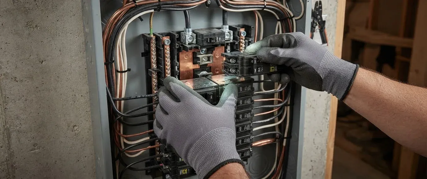 Gloved hands fitting a new breaker into a residential breaker panel