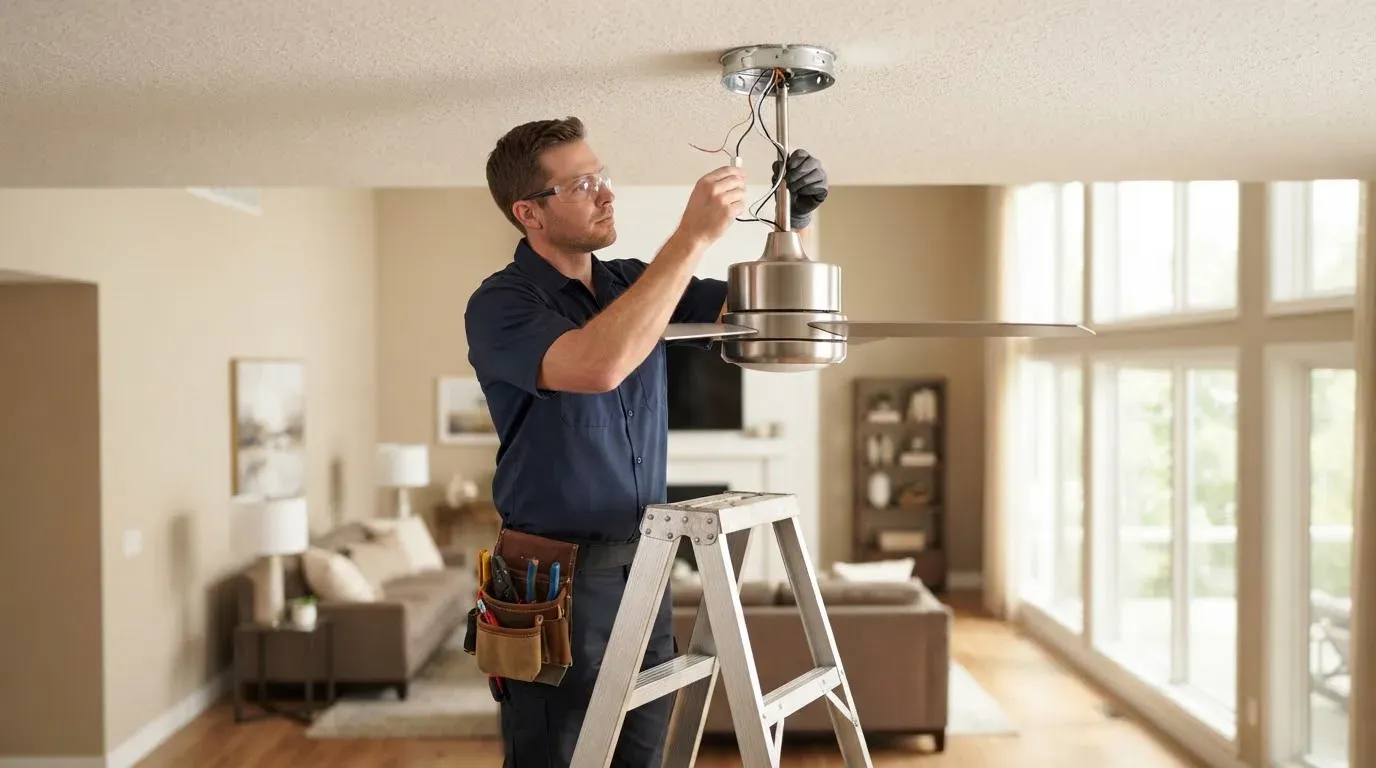 Electrician on a step ladder mounting a ceiling fan motor to a ceiling box