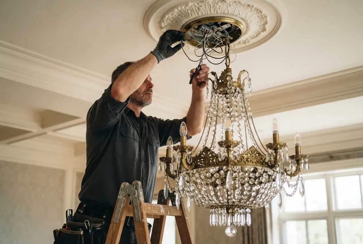 Electrician on a ladder wiring a crystal chandelier to a ceiling box