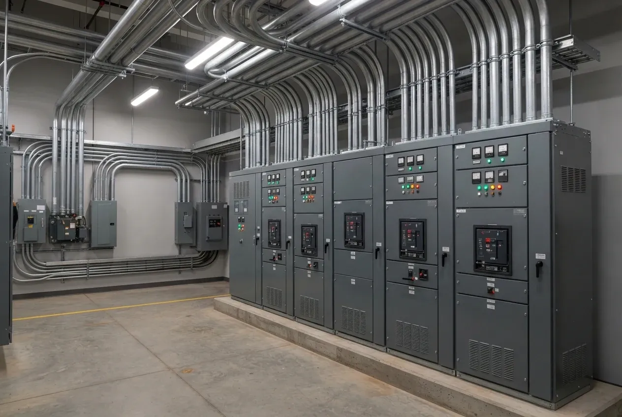 Commercial electrical room with switchgear cabinets and overhead conduit