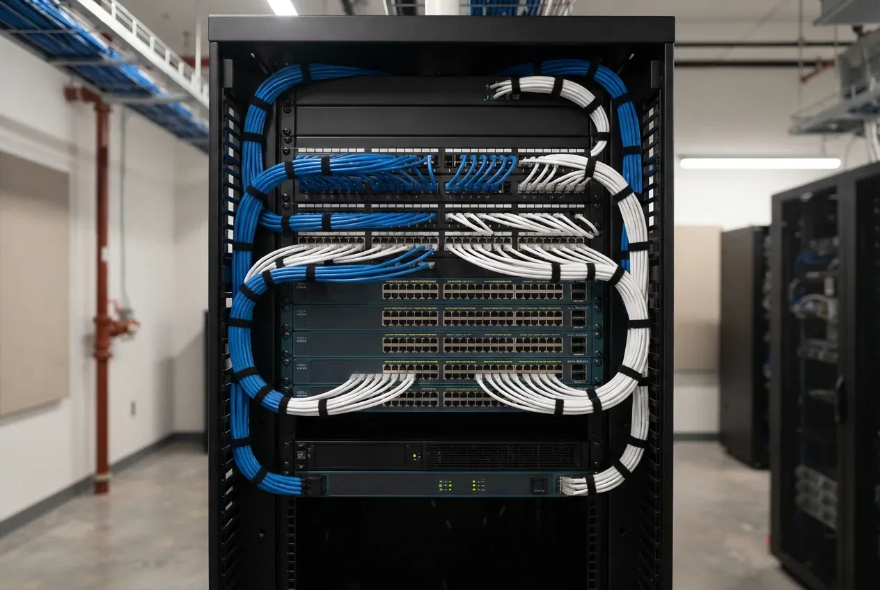 Network rack with neatly bundled blue and white data cables