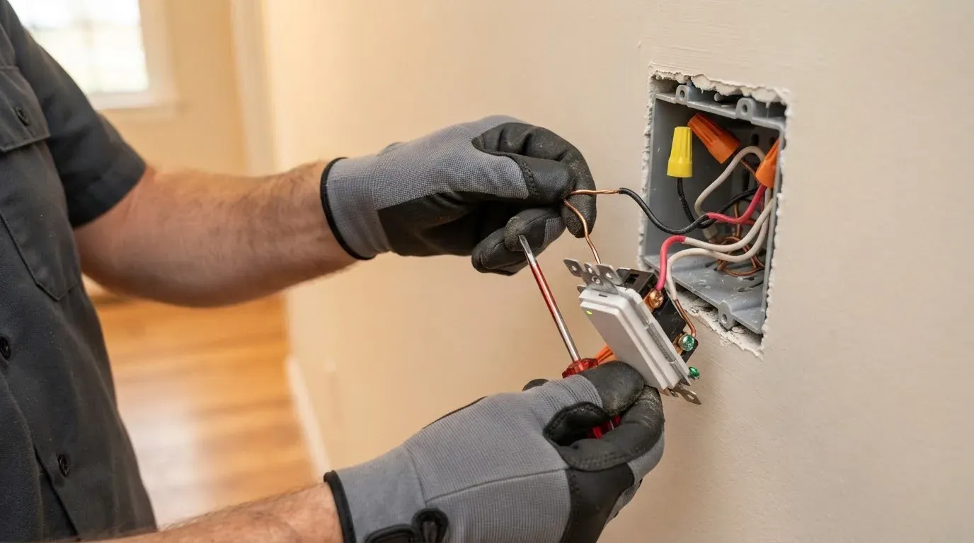 Gloved hands wiring a dimmer switch into an open wall box