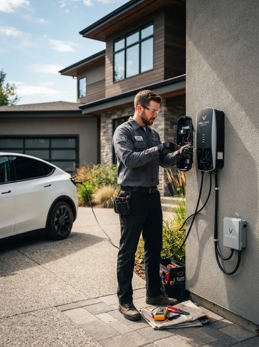 Electrician wiring a Level 2 EV charger on the outside wall of a house