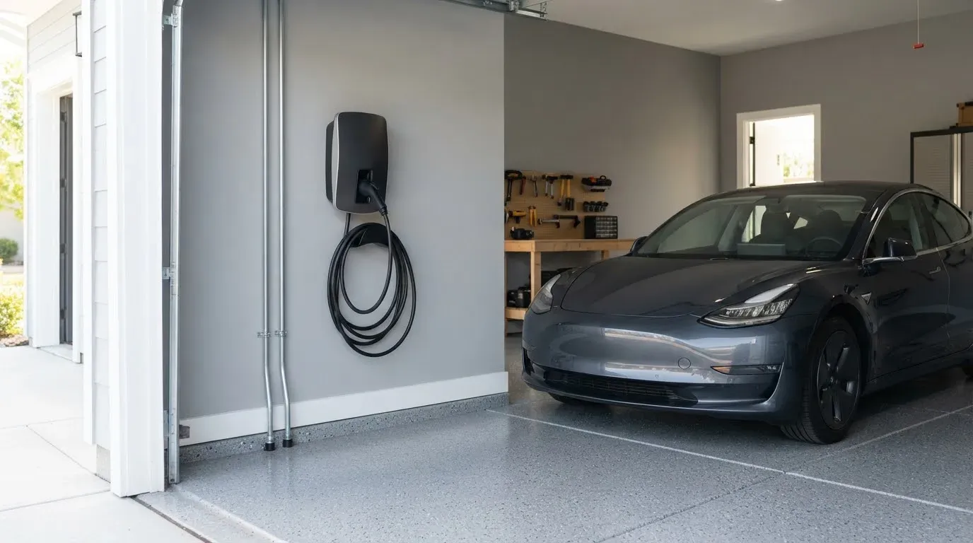 Level 2 EV charger on a garage wall with its cable coiled on the holder, an electric car parked beside it