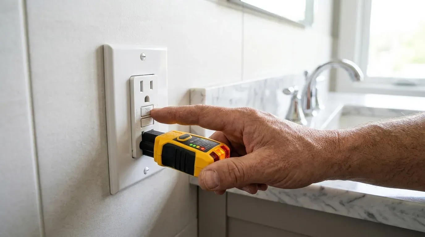 Hand pressing the test button on a bathroom GFCI outlet with a plug-in tester fitted