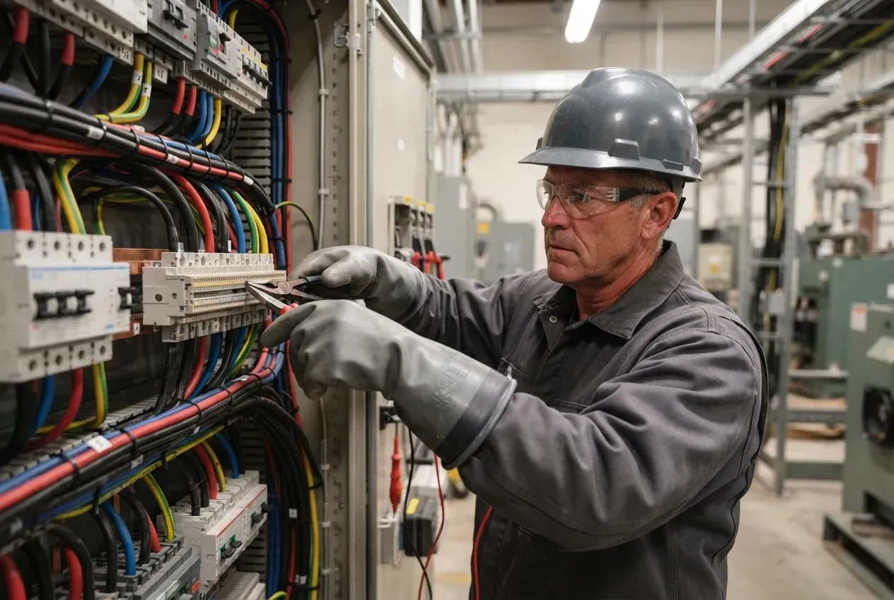Electrician in a hard hat and gloves working inside a large distribution panel