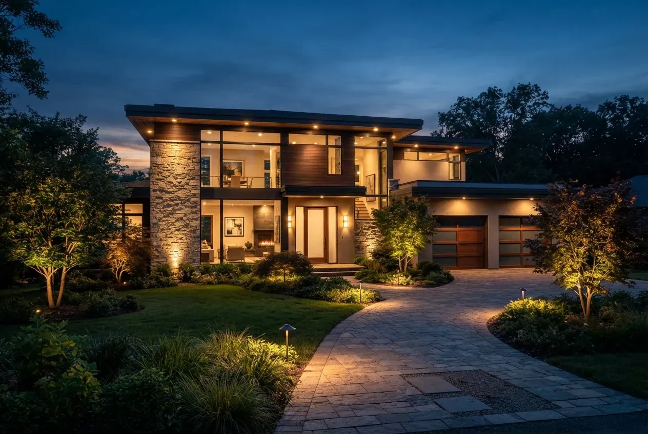 Two-story house at dusk with landscape and porch lights on