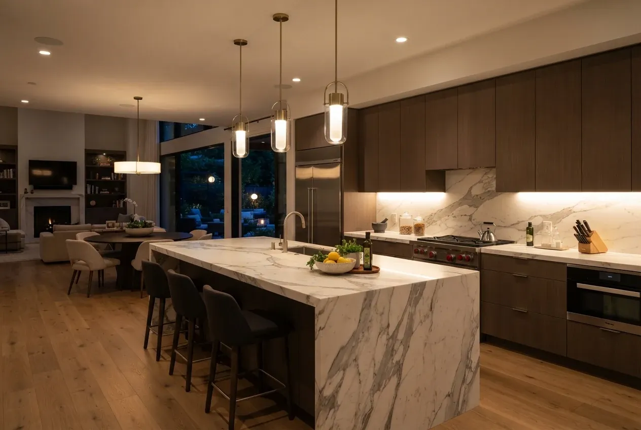 Kitchen with pendant lights over the island and under-cabinet lighting