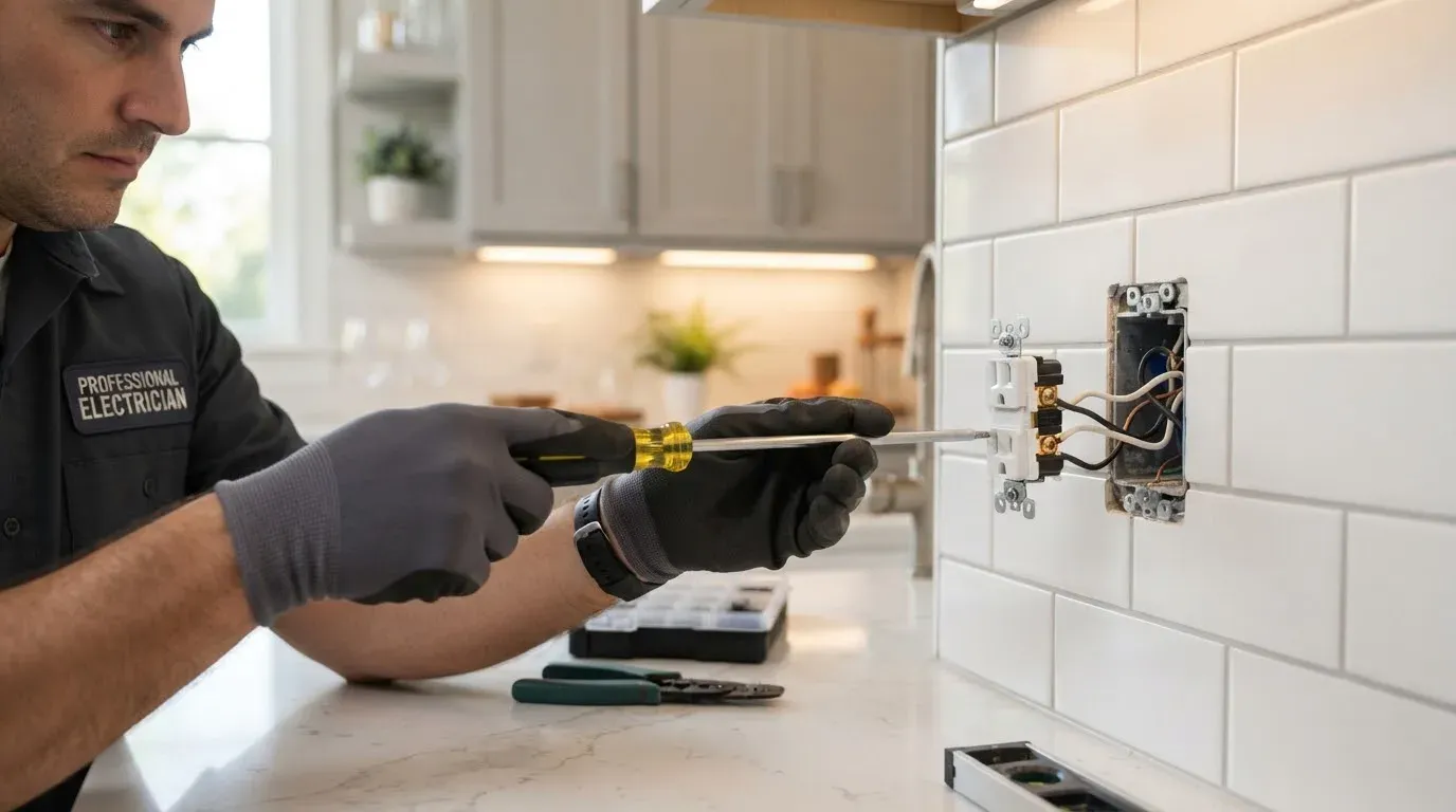 Electrician installing a countertop outlet in a tiled kitchen backsplash