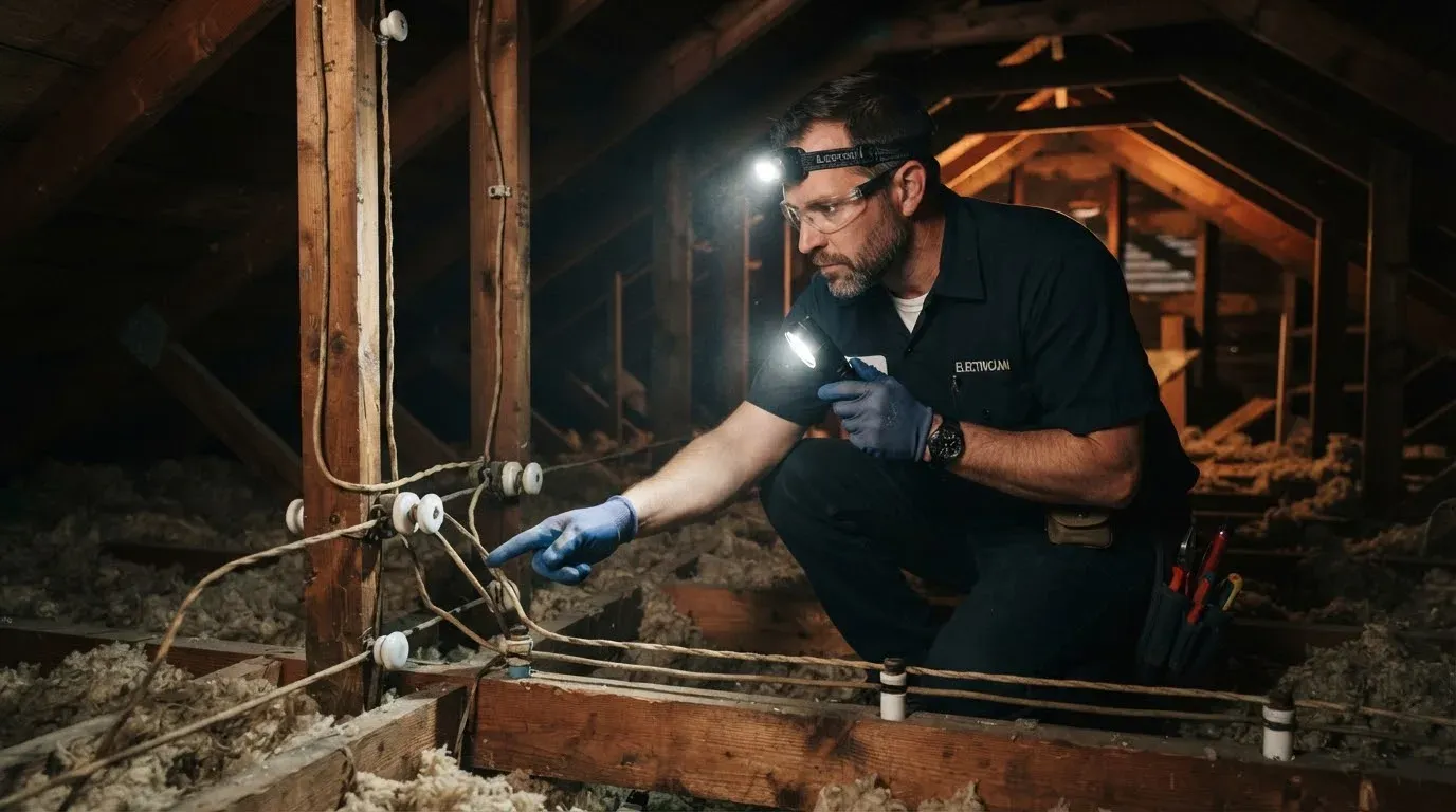 Electrician inspecting old knob-and-tube wiring in an attic by flashlight