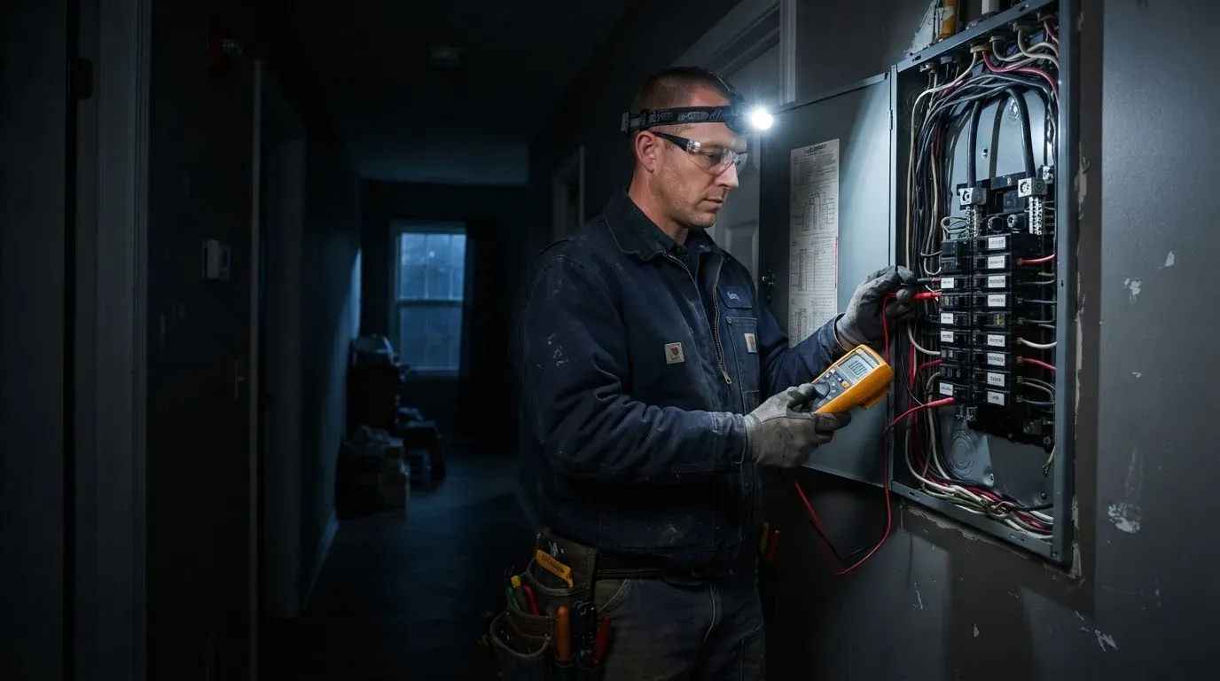 Electrician with a headlamp checking a breaker panel in a dark house