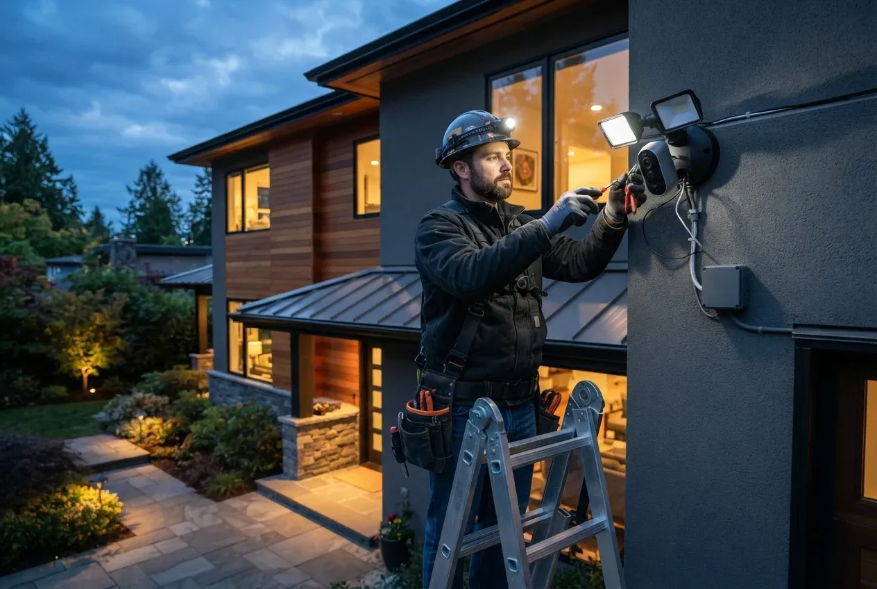 Electrician on a ladder mounting an exterior light on a house