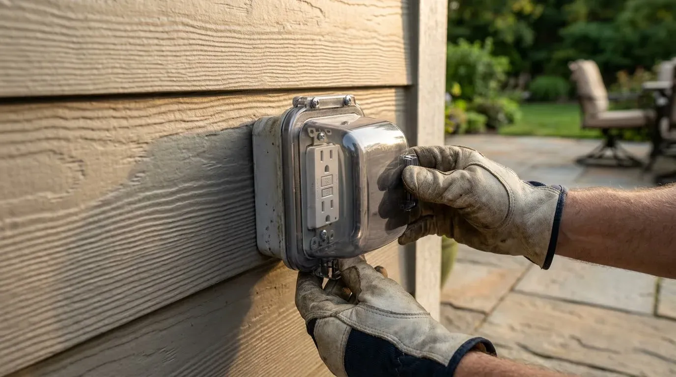 Gloved hands closing the weatherproof cover on an outdoor outlet by a patio
