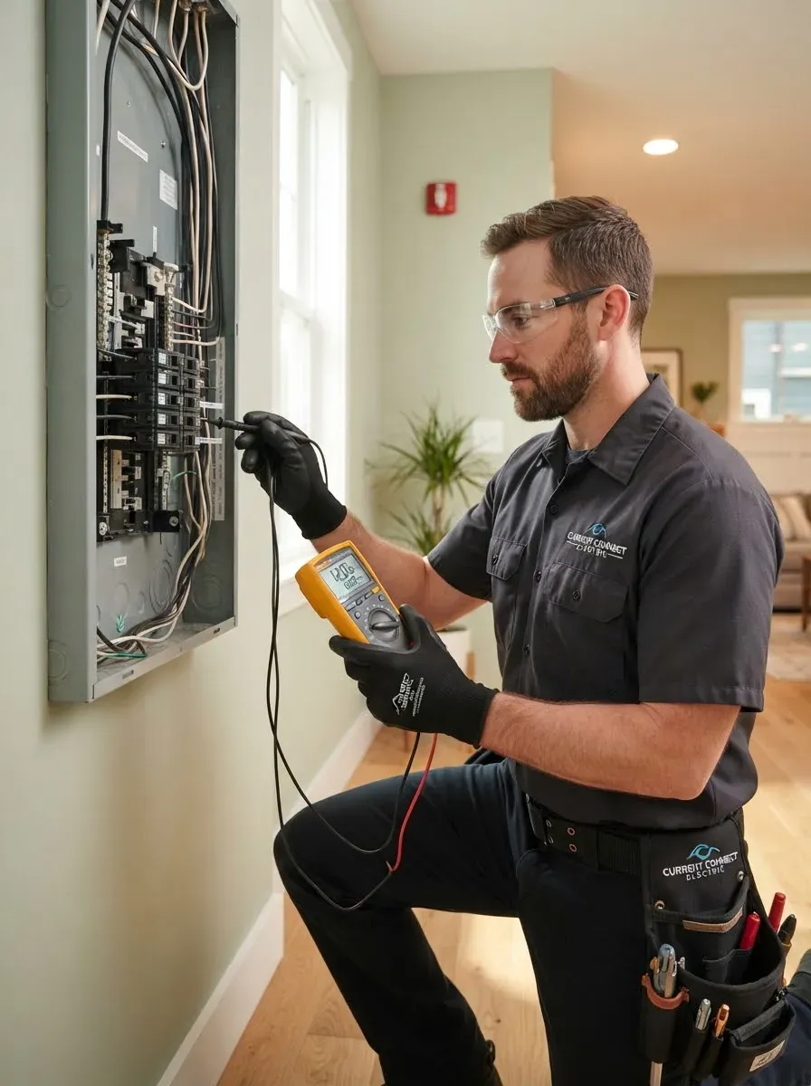 Electrician kneeling to test a breaker panel with a multimeter