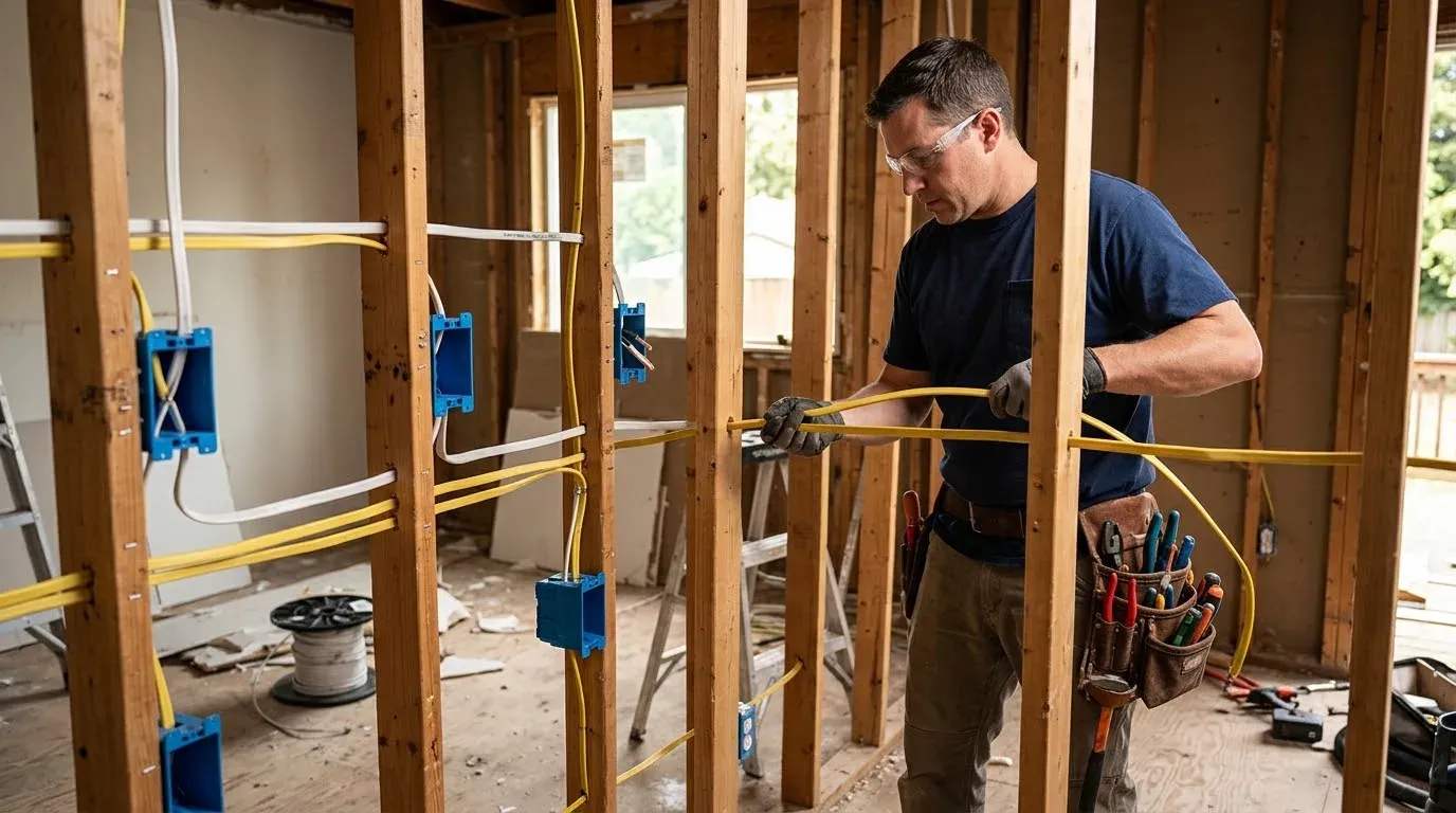 Electrician pulling new cable through the studs of an open wall during a rewire