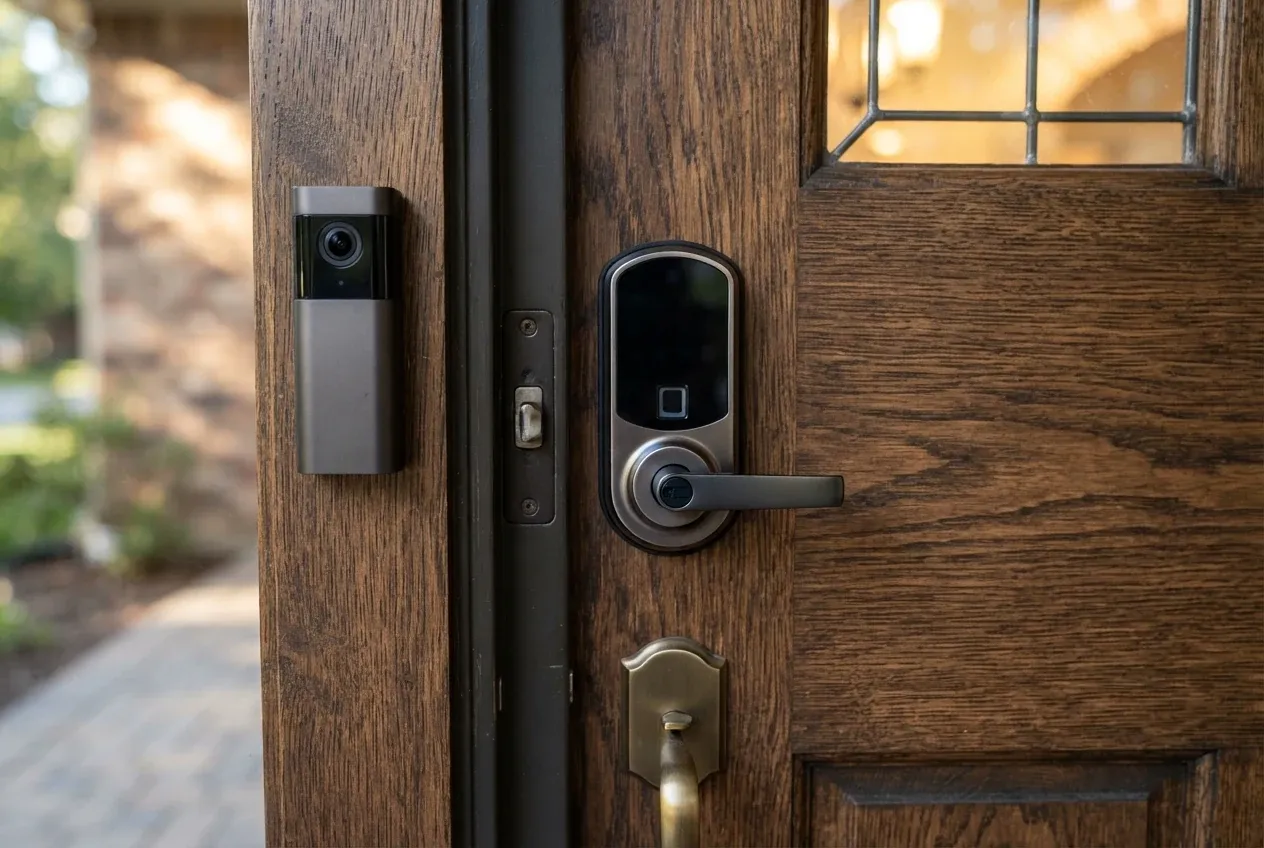 Video doorbell and keypad smart lock on a front door
