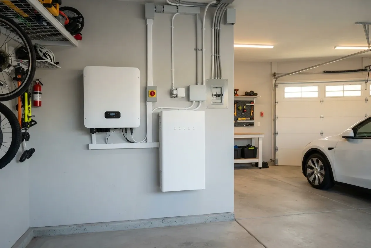 Solar inverter and battery storage on a garage wall