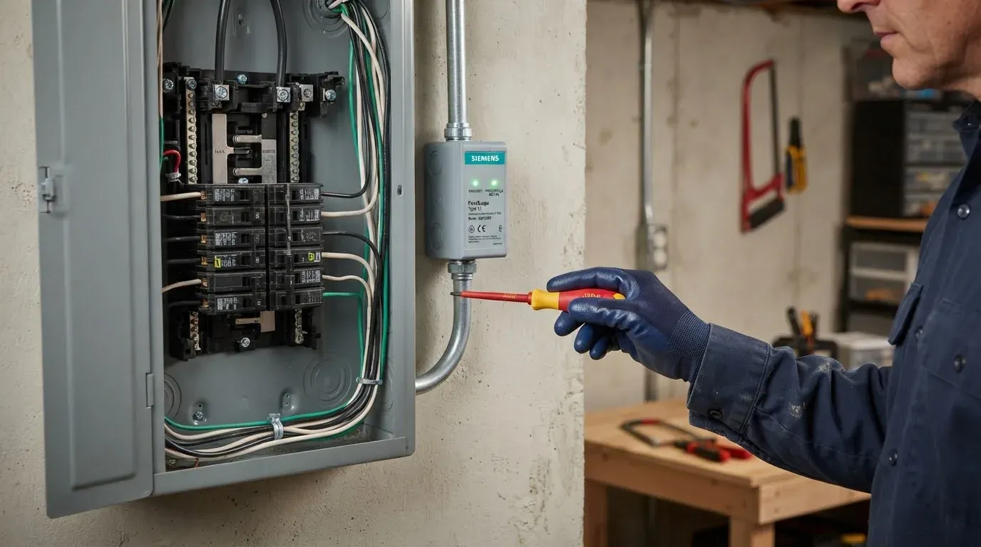 Whole-home surge protector with green status lights mounted beside a breaker panel