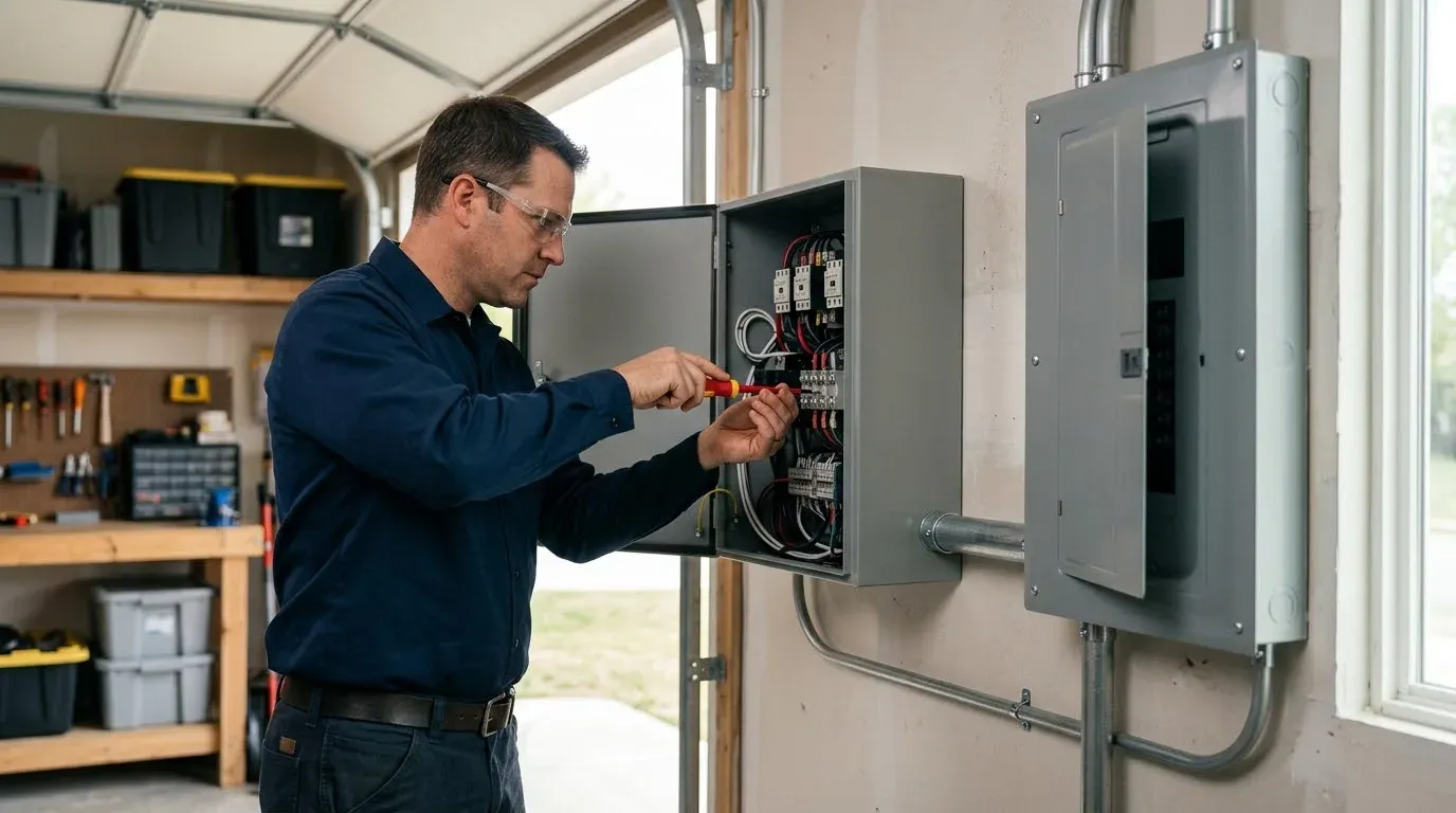 Electrician tightening a terminal in a transfer switch mounted beside a breaker panel