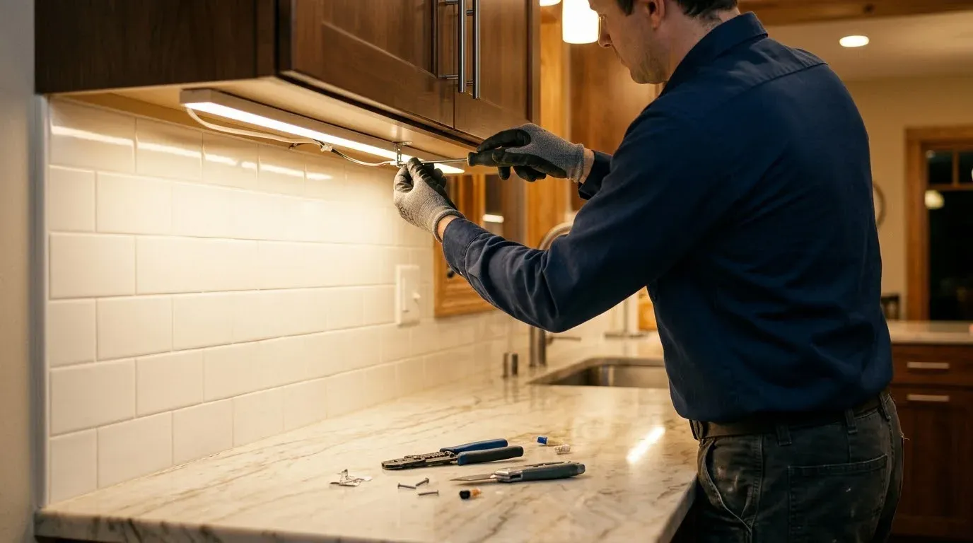 Electrician fitting an LED strip light under kitchen wall cabinets