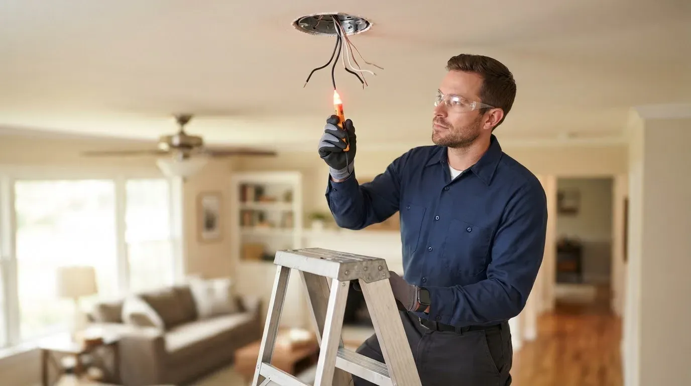 Electrician holding a voltage tester to wires at an open ceiling box