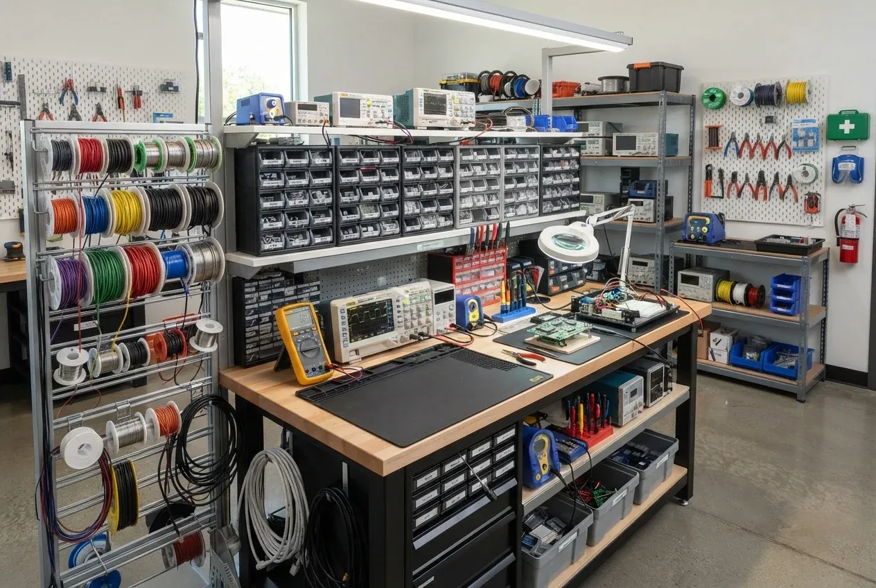 Workbench with spools of wire and organized electrical parts
